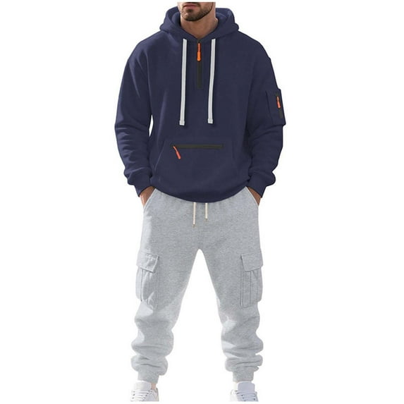 2PC Cargo Sweatsuit for Men Long Sleeve Color Block Quarter Zip Hoodie Elastic Cuffed Joggers Outfit Set with Pockets Navy 2XL