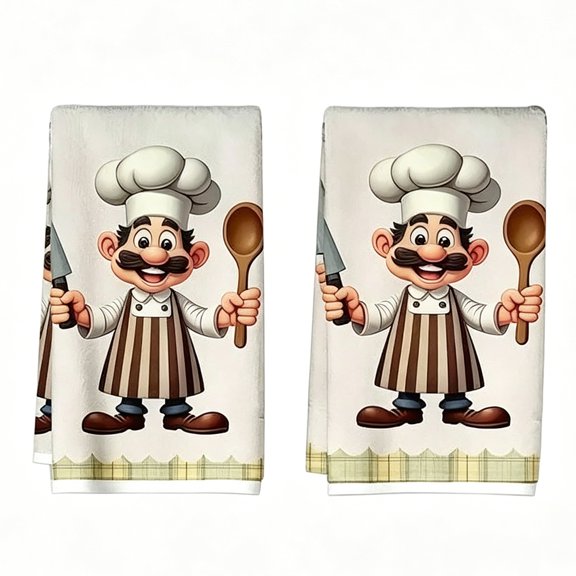 2PC Cartoon Chef Kitchen Towels - Beige Cooking Themed Dish Cloths for Kitchen Decor and Drying, Soft and Durable