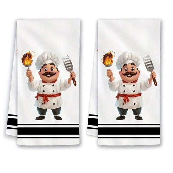 2PC Cartoon Chef Kitchen Towels - Fun Black and White Cooking Themed Dish Cloths for Kitchen Decor, Soft and Absorbent