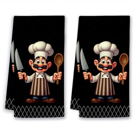 2PC Cartoon Chef Kitchen Towels - Fun Black and White Cooking Themed Dish Cloths for Kitchen Decor, Soft and Absorbent