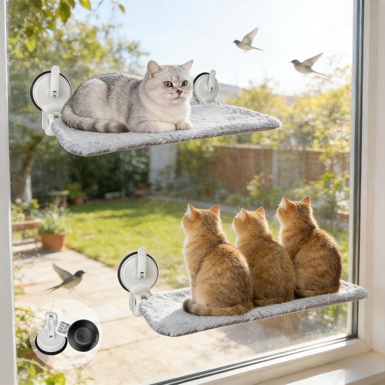 2PC Cat Window Perch with Lever Lock Suction Cups Holds up to 50 lbs Foldable & Space Saving Design Heavy Duty Window Hammock for Large or Multiple Cats (L 2Pc)