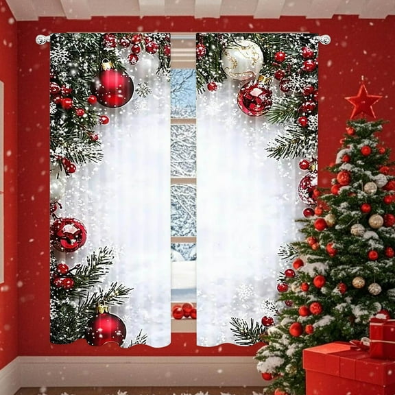 2PC Christmas Ball Holiday Printed Curtains, 2D Flat Printed Red Luxury Xmas Print Curtains with Snowflakes and Pine Branches for Bedroom Living Room Holiday Party Decor(29*65In)