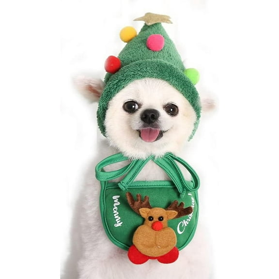 2PC Christmas Dog Pet Costume Include Christmas Tree Hat Small Dog Headgear and Adjustable Collars Bib Santa Elf Cat Bib for Xmas Dog Cat Outfit Clothing Party Accessory