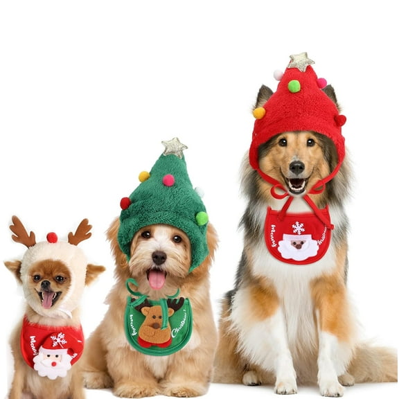 2PC Christmas Dog Pet Costume Include Christmas Tree Hat Small Dog Headgear and Adjustable Collars Bib Santa Elf Cat Bib for Xmas Dog Cat Outfit Clothing Party Accessory