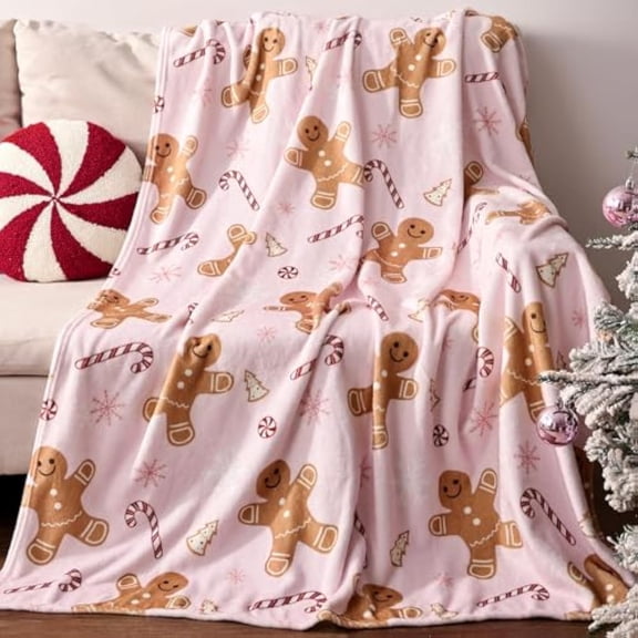 2PC Christmas Gingerbread Throw Blanket Ultra Soft Pink Flannel Plush Gingerbread Man Bed Blanket, Lightweight Cozy Christmas Blanket for Couch Sofa Bed Living Room Home Decor Gifts, 40x50