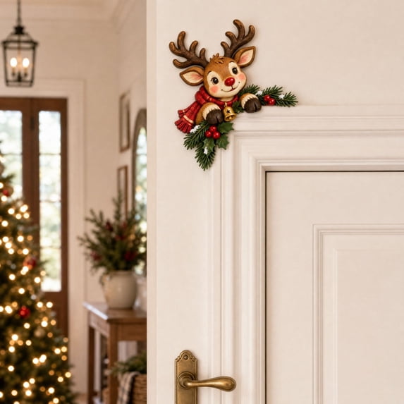 2PC Christmas Peekaboo Door Frame Corner Decor, Reindeer Wooden Door Topper, DIY Windows Walls Cabinet Corner Shelf Art Decor & Xmas Gift