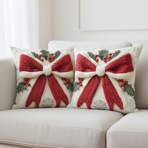 2PC Christmas Printing Pillow Covers 18 x 18 inch Xmas Red Bow Throw Pillow Cover Party Decor Winter Holiday Printing Cushion Case for Sofa Couch Bed Living Room