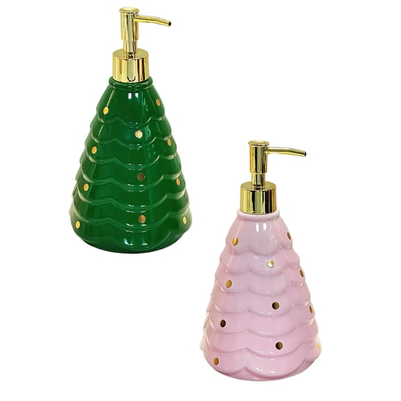 2PC Christmas Soap Dispenser, Ceramics Refillable Hand Soap Dispenser, Simple Pleasures Christmas Tree Shaped Bottle with Scented Liquid Soap - Soap Dispenser for Kitchen and Bathroom(Green+Pink)