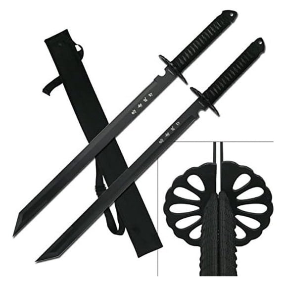 2PC Combo Full 28in Tanto Katana Twin Sword Machete w/Nylon Sheath + Black YHKJ Engraved on Blade Edition
