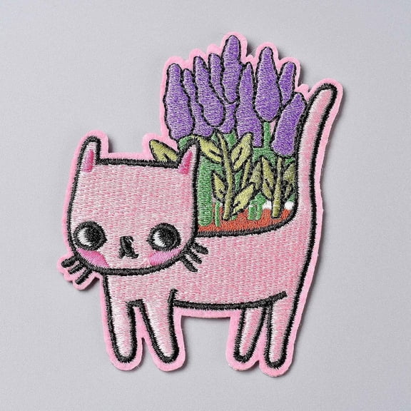 2PC Computerized Embroidery Cat with Lavender Plant Iron-on/Sew-on Patches Colorful Appliques DIY