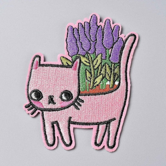 2PC Computerized Embroidery Cat with Lavender Plant Iron-on/Sew-on Patches Colorful Appliques for Clothing Bags Crafts DIY Projects (85x70x1.8mm)