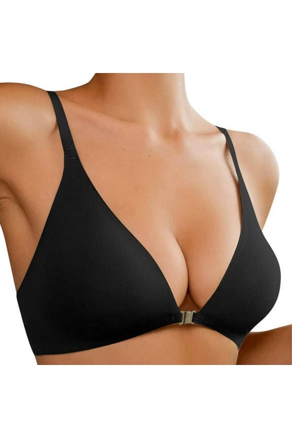 2PC Cotton Bralette Front Closure No Low Cut V Lette Comfy Support Balconette Bra,Black,L
