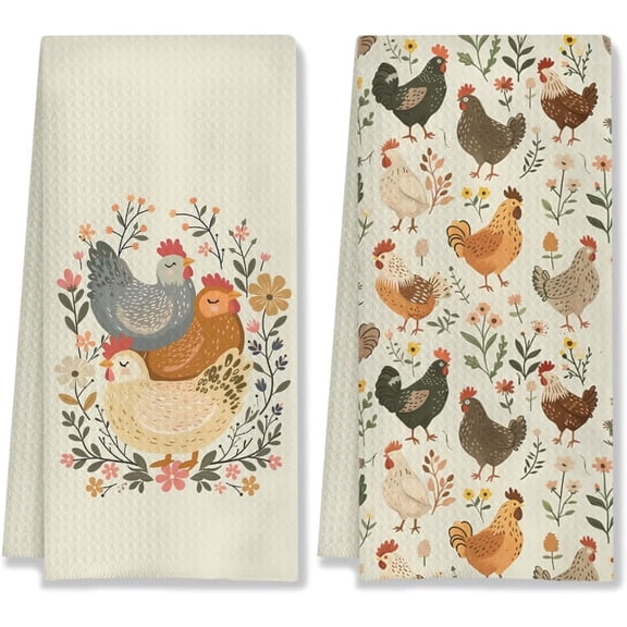 2PC Country Style Rooster Pattern Kitchen Towels, Dish Cloths, Handicraft Decorations for Bathroom and Kitchen, Mother or Lady Gift with Chicken Theme, 1826 inches