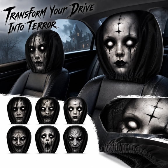 2PC Creepy Ghost Face Car Headrest Cover, Universal Stretch Spooky Horror Head Rest Protector, Funny Scary Prank Auto Seat Headrest Decor for Halloween Car Interior Accessories,11IN,A