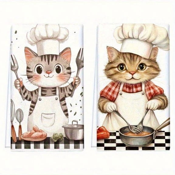 2PC Cute Cat Chef Kitchen Towels - Adorable Animal Pattern Dish Cloths for Cat Lovers, Soft and Absorbent Kitchen Decor