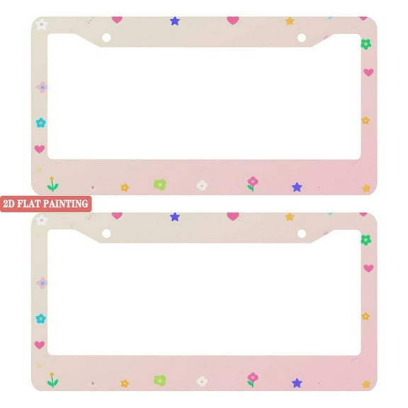 2PC Cute Pink License Plate Frames with Stars, Hearts & Flowers and Mounting Accessories 6.3x12.2inch(16x31cm)