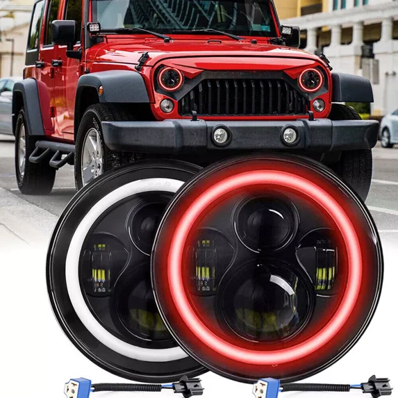 2PC DRL 7'' Round Halo LED Headlights Red Turn Signal For Jeep Wrangler JK TJ LJ