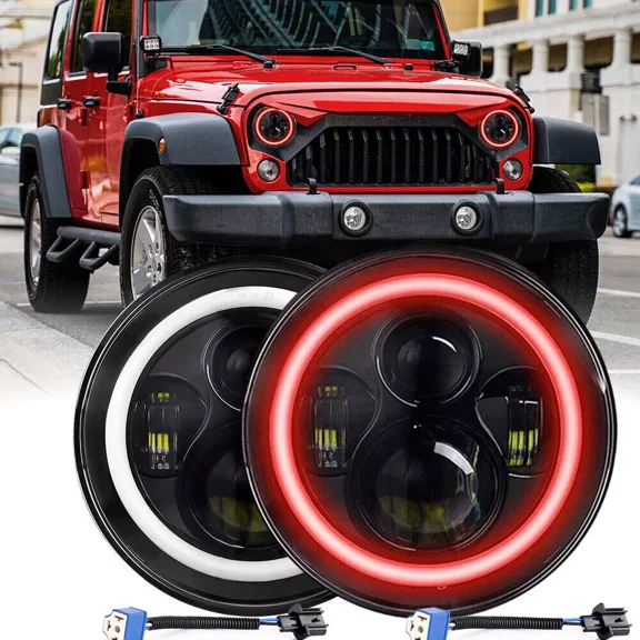 2PC DRL 7'' Round Halo LED Headlights Red Turn Signal For Jeep Wrangler JK TJ LJ