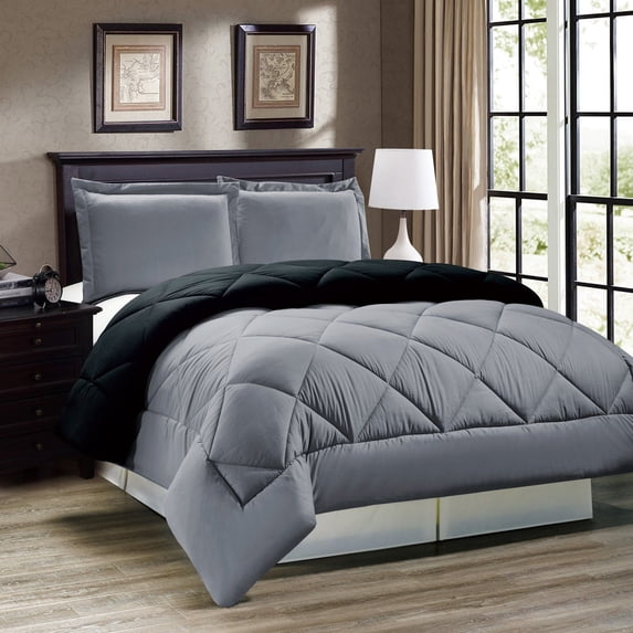 2PC Down Alternative Reversible Comforter Set Grey and Black Twin Size