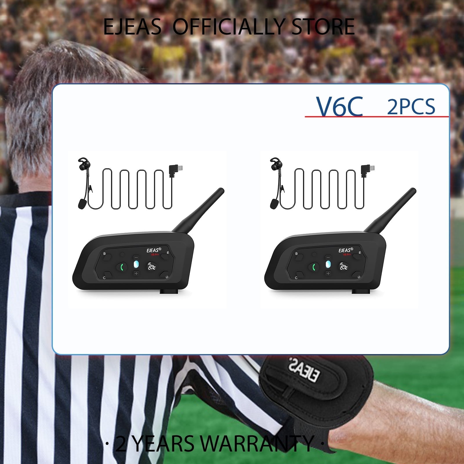 2PC EJEAS V6C Professional Football Referee Bluetooth Intercom, 2 People Wireless Bluetooth Headset with Running Armband