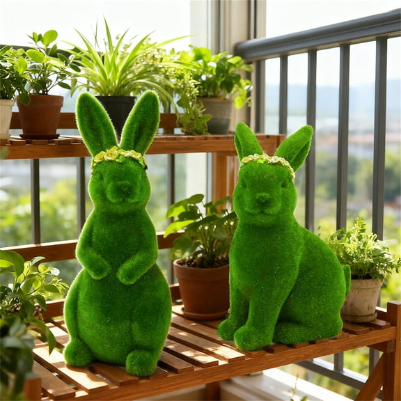 2PC Easter Furry Flocked Bunny, Faux Moss Rabbit Easter Table Decor, Moss Bunnies Rabbit Holiday Easter Figure Statue Spring Table Garden Easter Decorations