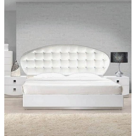2PC Eastern King Size Bedroom Set, Faux Leather Platform Bed with Nightstand, White Lacquer Finish