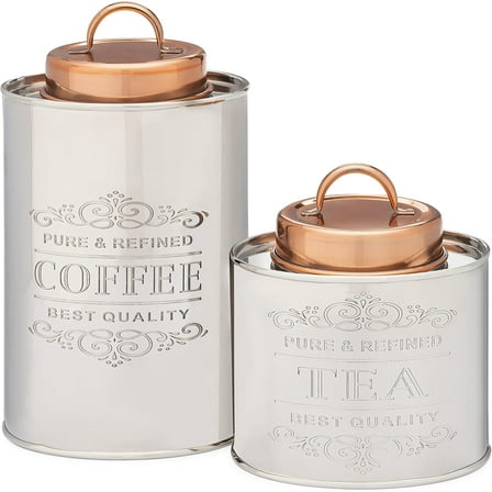 2PC Etched Stainless Steel Canister Set w/copper lid, Tea & Coffee, 1.5 Qt, 1 Qt