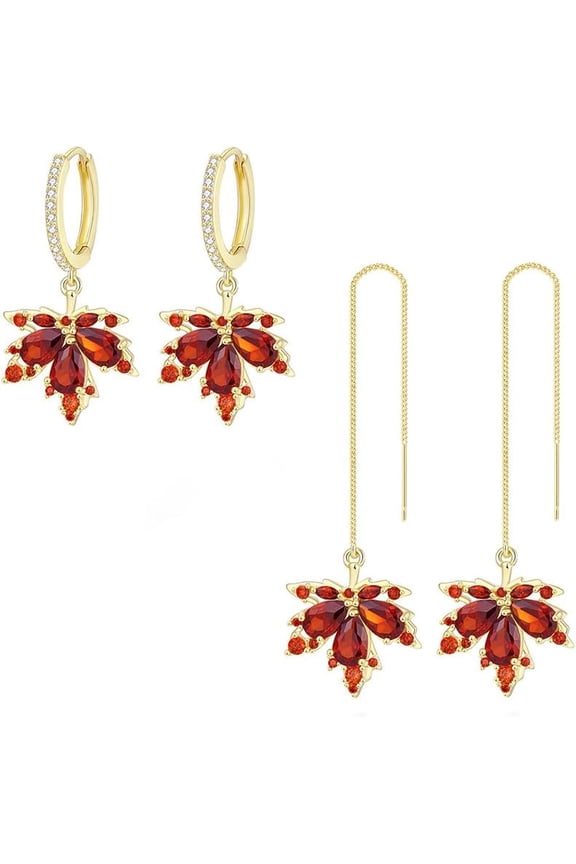 2PC Fall Earrings for Women,Red Maple Leaf Earrings Fall Leaf Earrings Set,Fall Zircon Maple Huggie Earrings Leaf Stud Statement Earrings