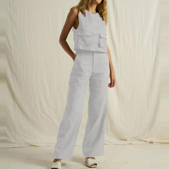 2PC Fashion Women's V-neck Solid Sleeveless Top Loose Pocket Pants Suit Workout Tank Tops Sets