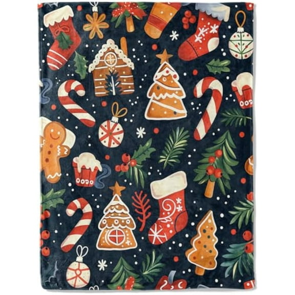 2PC Festive Christmas Throw Blanket- Ultra Soft, Fleece, Lightweight,Gingerbread Cookies, Candy Canes, Stocking Blankets,for Couch Room Bedroom,Rustic Holiday Decor,Gifts for Kids Adult 50x60in