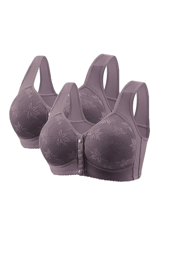 2PC Front Closure Bra for Women Wireless Comfort Snap Closing Bra Full Coverage Convenient Front Button Bras Seamless Soft Push Up Wide Shoulder Strap Bra for Everyday Walking Work