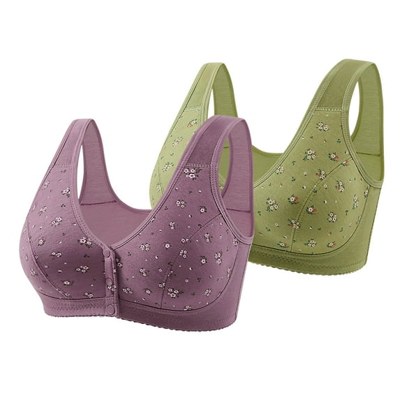 Amvlyk 2PC Front Closure Bra for Women Wireless Comfort Solid Color Printed Snap Closing Bra Breathable Seamless Soft Convenient Front Button Bras for Everyday Sleep Walking Work