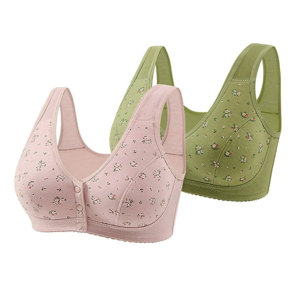 Amvlyk 2PC Front Closure Bra for Women Wireless Comfort Solid Color Printed Snap Closing Bra Breathable Seamless Soft Convenient Front Button Bras for Everyday Sleep Walking Work