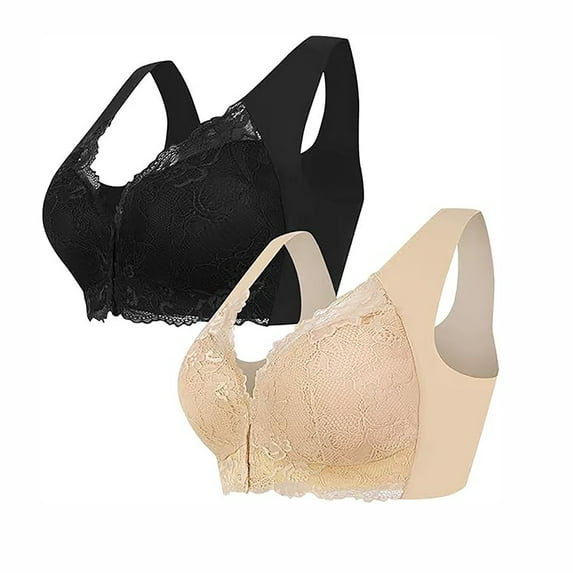 2PC Front Closure Bras for Women Floral Lace Embriodery Full Coverage Push Up Sleep Comfort Wireless Seamless Everyday Bra,Multicolor 1,46 C