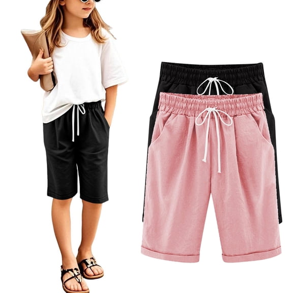 2PC Girls Linen Shorts Elastic High Waist 𝐃rawstring Solid Casual Pants with Pocket Kids Summer Beach Resort Clothes Baby Boy Shorts 6-9 Months Outfits