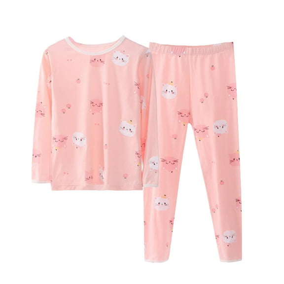 2PC Girls 𝐏ajama Set Long Sleeve Cotton 𝐒leepwear for Kids Toddler 𝐂artoon Cat Prints 𝐋oungewear Tops+Pants Outfit
