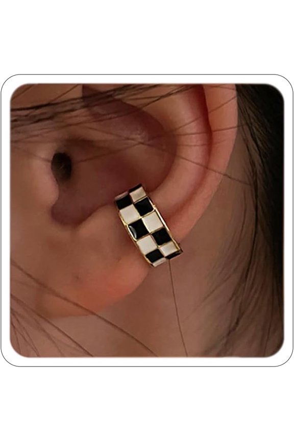 2PC Gold Checkered Clip On Earrings for Women Cartilage Earring Small Checkered Hoop, Style W8693