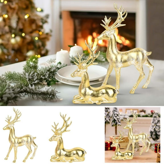 2PC Gold Reindeer Christmas Desktop Decoration Indoor Plastic Large Christmas Reindeer Decor Statue Realistic hand-polished texture Gifts for Family and Friends (14IN&9.8IN)