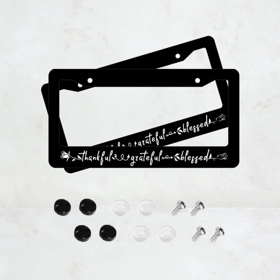 2PC Grateful Thankful Blessed License Plate Prame Aluminum Rust-Proof Auto Parts License Plate Decorative Screws Fit Standard 2 Holes  U.S. License Plate, 2.2x 6.3 Inch