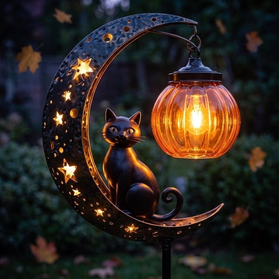 2PC Halloween Black Cat Moon Solar Garden Stake Light Pumpkin Lantern Warm LED Ground Spike Weatherproof For Backyard Lawn Pathway Fall Seasonal Outdoor Yard Decor Supplies