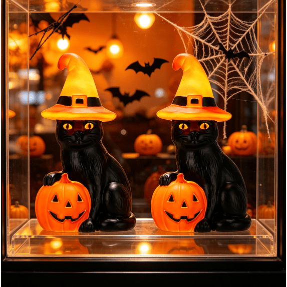 2PC Halloween Blow Mold Lighted Black Cat with Witch Hat & Pumpkin, Warm Glow Outdoor Decoration for Front Yard Trick‑or‑Treat Path Decor