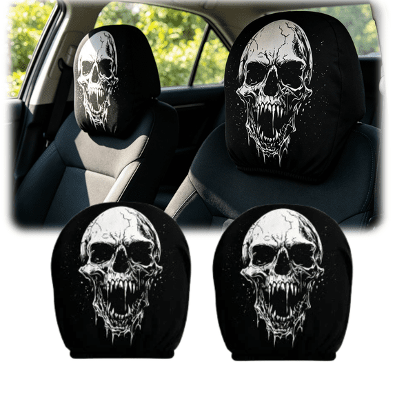 2PC Halloween Horror Skeleton Headrest Covers, Vintage Cracked Skull Elastic Car Head Rest Sleeve, Flexible Washable Auto Interior Ornament for Most Vehicles Halloween Party Decor