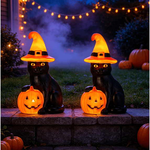 2PC Halloween Outdoor Light‑Up Blow Mold Decoration, Black Cat in Witch Hat with Smiling Jack‑o‑Lantern for Yard Entryway Party Decor