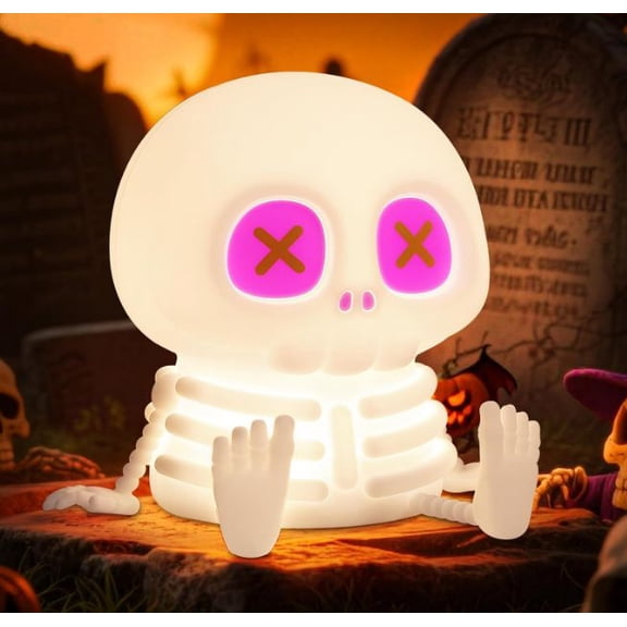 2PC Halloween Skeleton Night Light Bedside Lamp with 8 Colors & 2-Level Adjustable Warm Light Touch Control LED Rechargeable Large Capacity Battery for Home Party Decor Christmas Birthday Gift