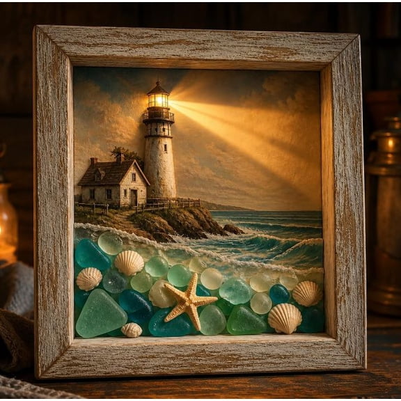 2PC Handmade Coastal Lighthouse Sea Glass Shadow Box Night Light Warm LED Ambient Light Sea Glass Coastal Art Lamp Relaxing Night Light Gift for Home Bedroom Living Room Shelf Entryway