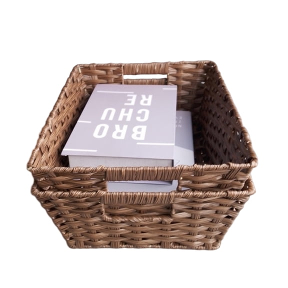2PC Handwoven Plastic Wicker Storage Basket, Small Rectangular Organizer for Desk Coffee Table, Snacks Toys Supplies, Rustic Woven Box for Home