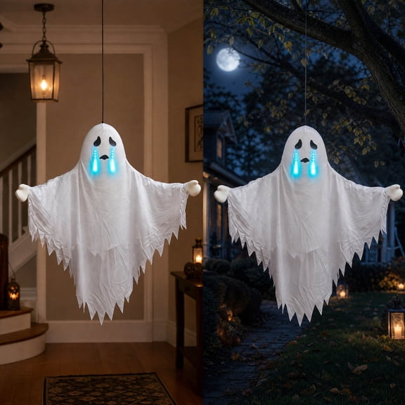 2PC Hanging Ghost Ornament - 43 Inch Hanging Decor With Warm White LED Lights, Soft Non-Woven Fabric Spooky Yard Decoration For Porch Tree Branches, Interactive Halloween Party Prop (Crying Face)