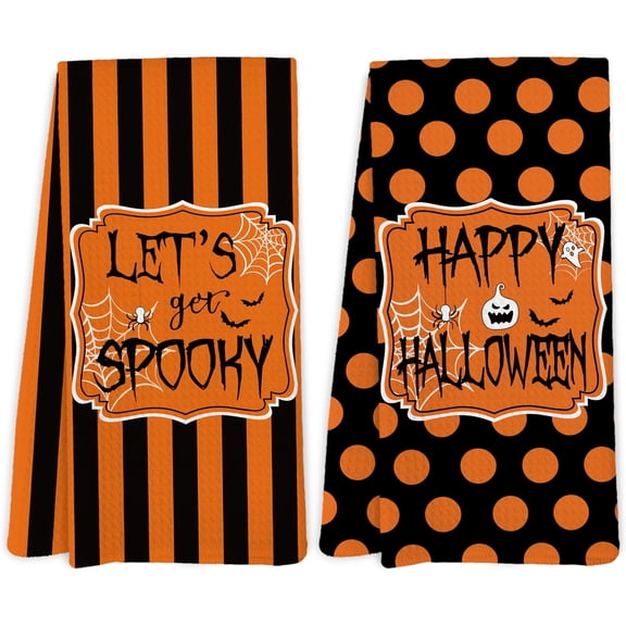 2PC Happy Halloween Spooky Kitchen Dish Towels 18X26 Inches Set of 2 | Halloween Bathroom Decor, Orange and Black Gothic Spooky Spider Web Pumpkin Fall Hand Towels for Bathroom Kitchen Decor