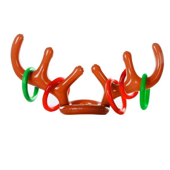 2PC Inflatable Reindeer Hat Antler Ring Toss Set - Large Size, Adjustable Strap, 8 Toss Rings - for Christmas Party Games