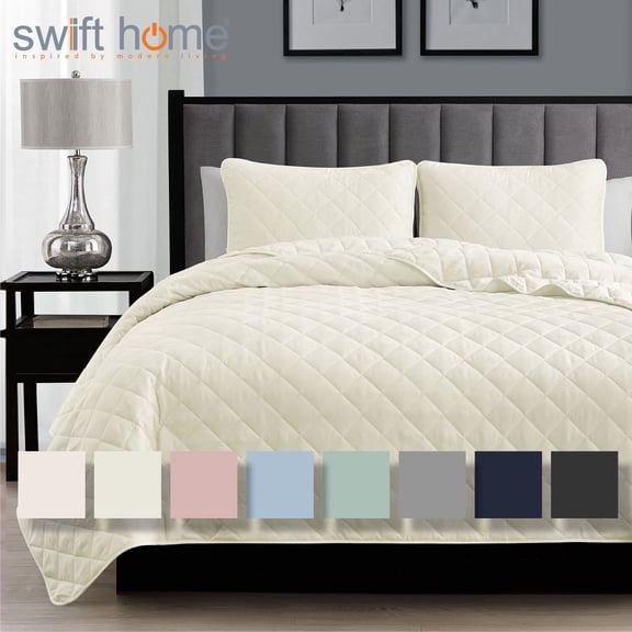 Swift Home Twin XL Lightweight Reversible Ivory Quilt Set with Shams, Diamond Stitch
